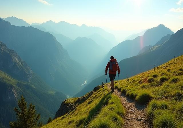 Mountain hike in the Alps with a traveler on trail