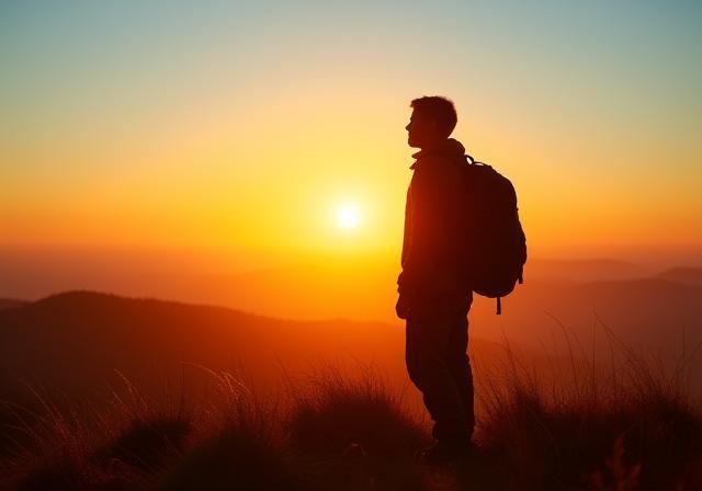 Traveler with backpack at sunrise on budget trip