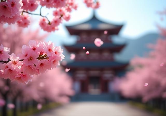 Cherry blossoms framing traditional temples in Kyoto, Japan