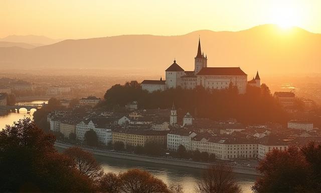 Salzburg cityscape with the fortress and old town in golden evening light