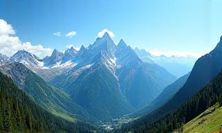 Panoramic view of the towering Tyrolean Alps under a clear blue sky