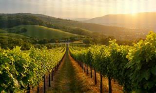 Rows of grapevines extending along rolling hills in an Austrian wine region