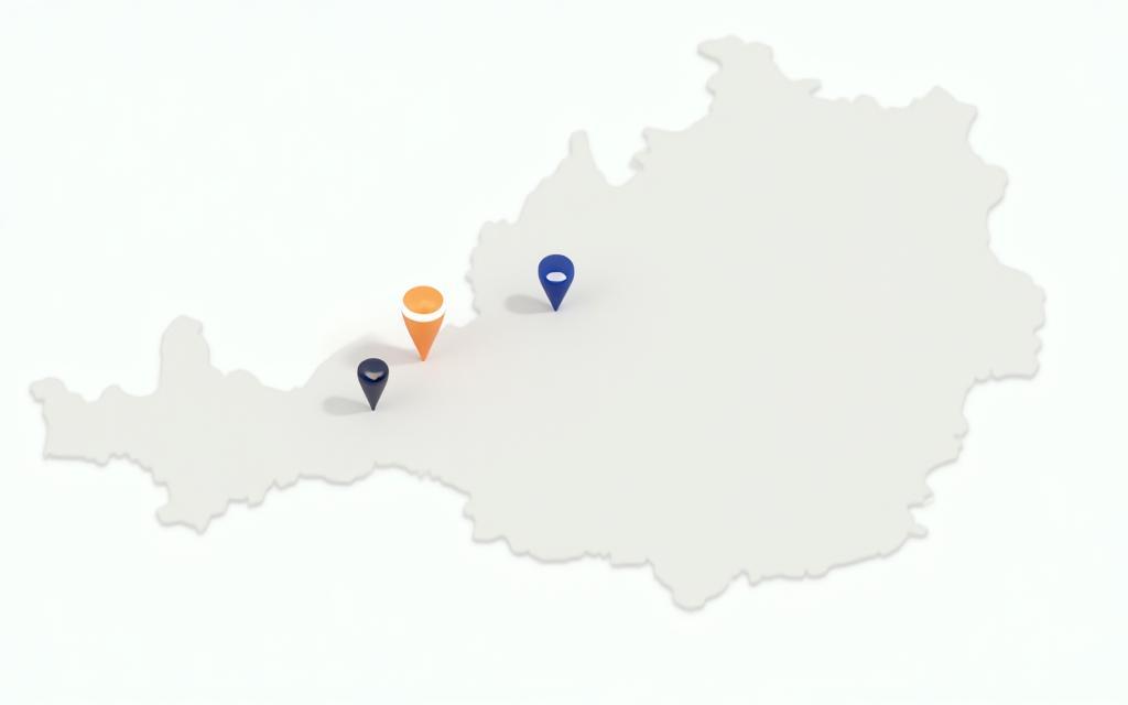 Static map image of Austria with color-coded pins marking featured travel destinations, in brand colors