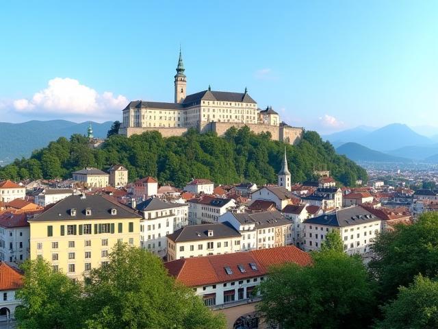 Panoramic view of Salzburg with the Hohensalzburg Fortress overlooking colorful baroque buildings