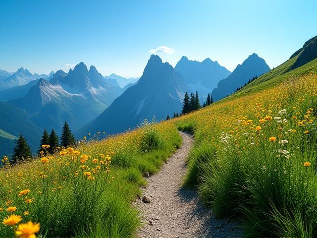 Panoramic mountain hiking trail in Tyrol with wildflowers and vast alpine views