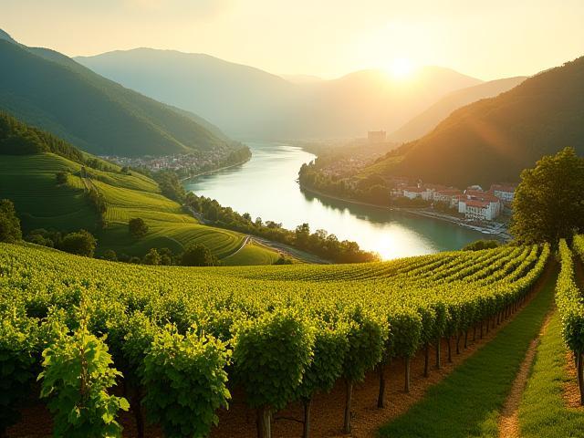 Scenic vineyards and Danube river in Wachau Valley under a warm summer sun