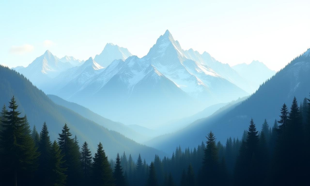 Breathtaking view of the Austrian Alps with morning sun illuminating the snow-capped peaks and pine forests