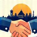 Icon illustrating local customs with handshake and landmarks